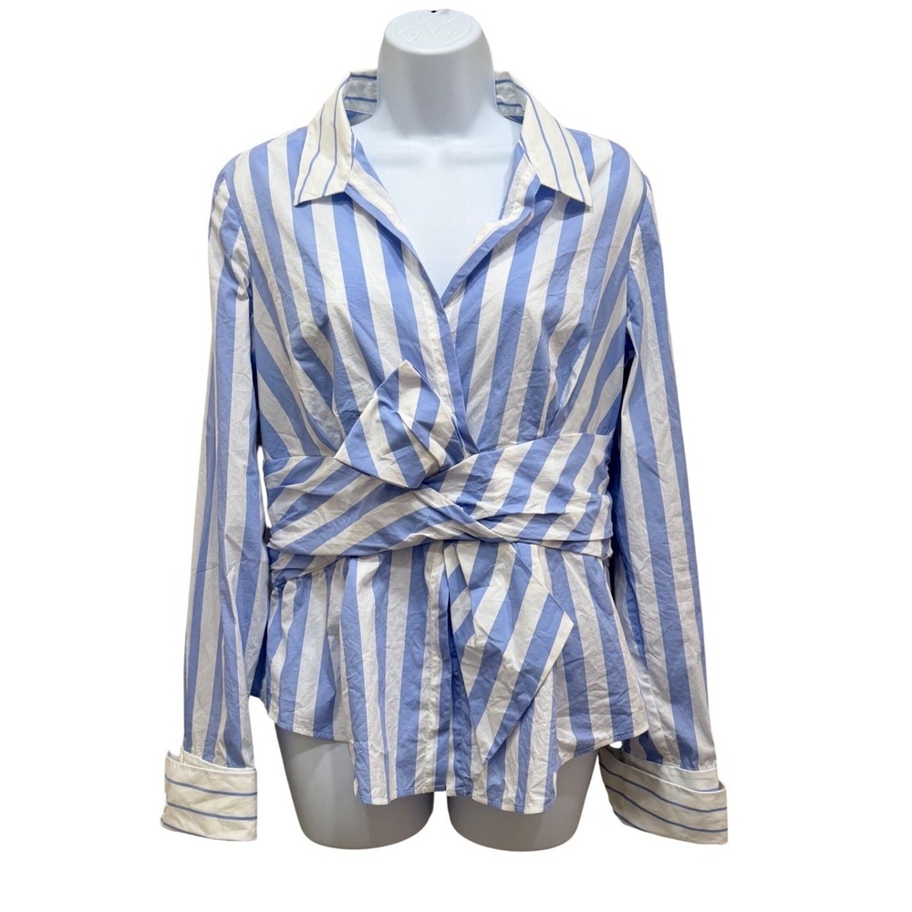 Paule‎ Ka Striped Cotton Blend Poplin Tie Blouse In Blue Size 42 Coastal Chic